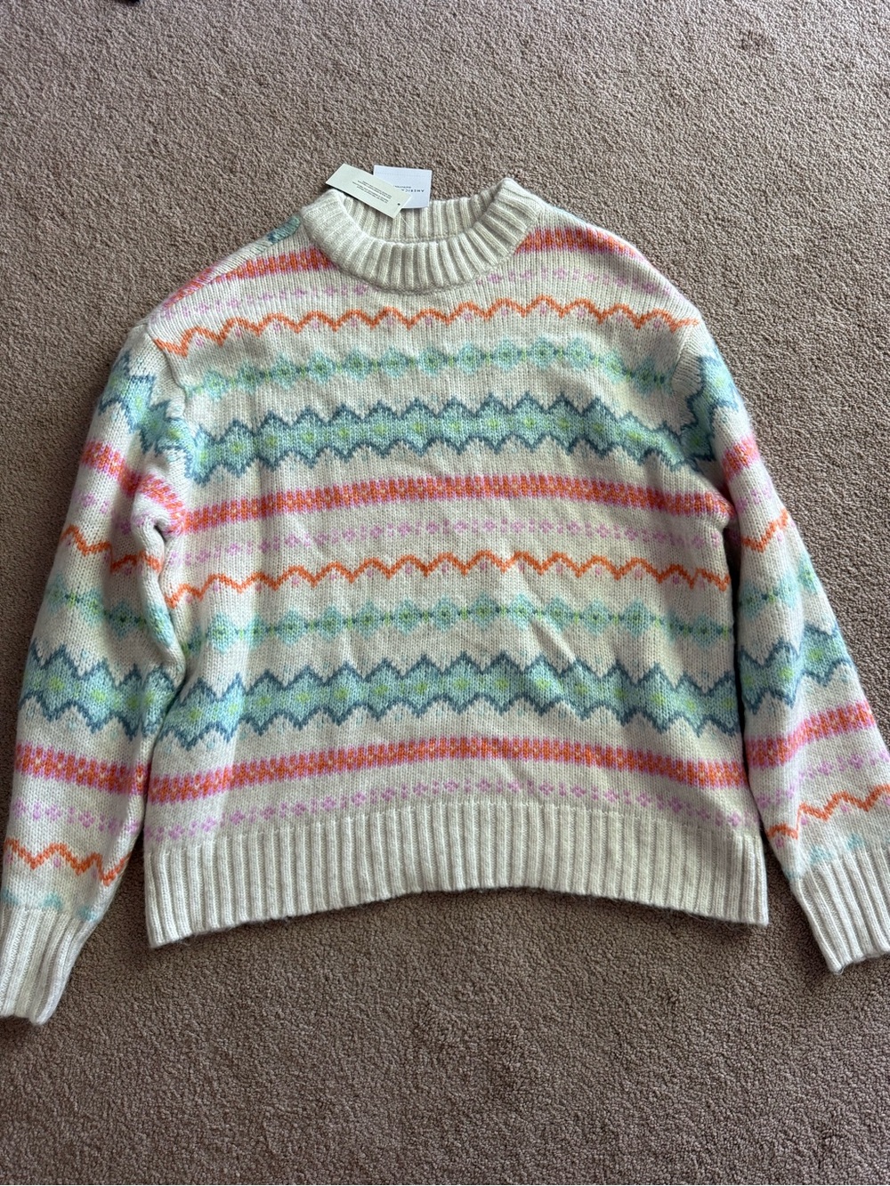 American Eagle Outfitters Cream Crewneck Sweater with Pastel Stripes